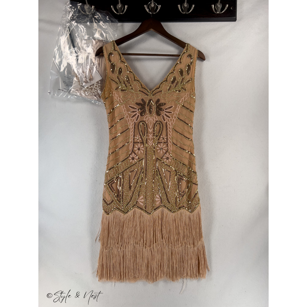 Beaded Fringe Midi Dress in Beige - Picture 5 of 6